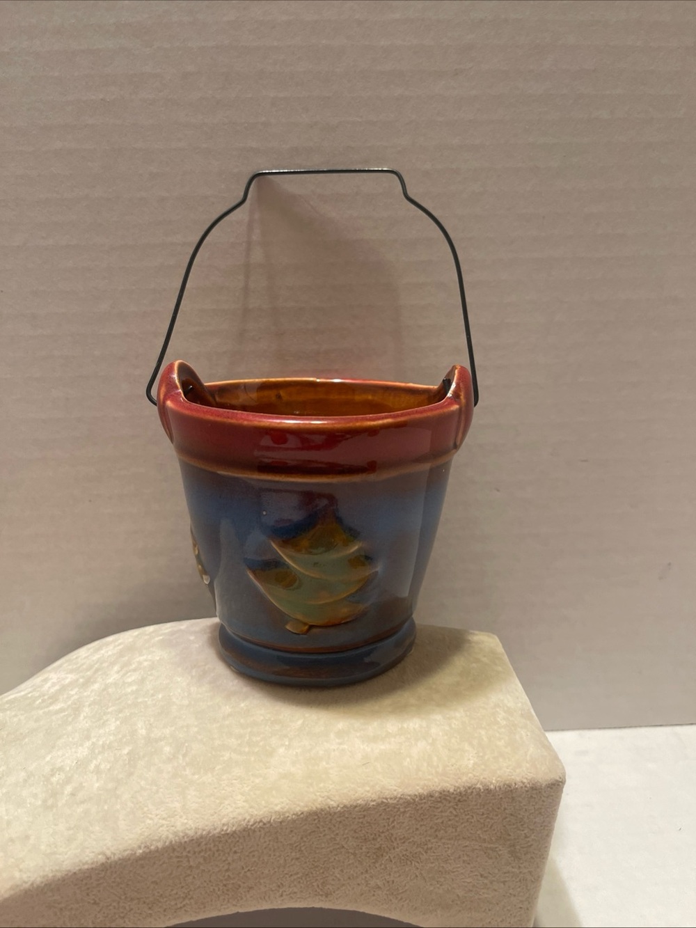 Ceramic Holiday Christmas Tree Bucket - Red, Blue & Brown
